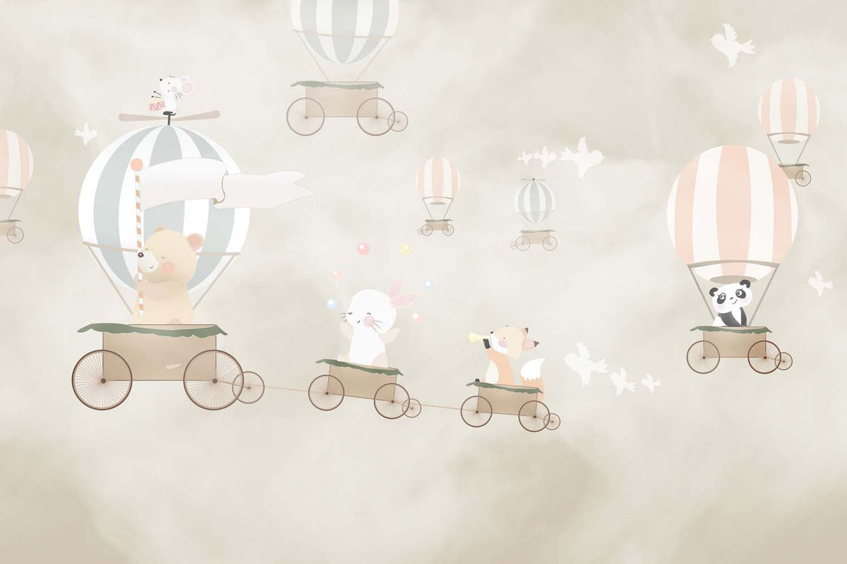 Tapet Personalizat Lumea Animalelor cu animale in baloane trenulet pe cerul bej  - BEIGE SKIES BALLOONS