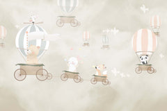 Tapet Personalizat Lumea Animalelor cu animale in baloane trenulet pe cerul bej  - BEIGE SKIES BALLOONS
