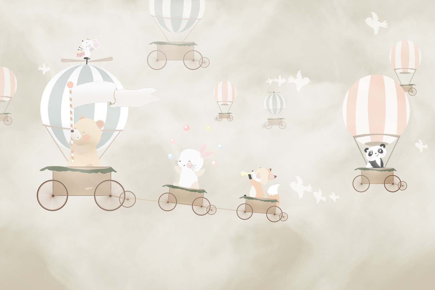 Tapet Personalizat Lumea Animalelor cu animale in baloane trenulet pe cerul bej  - BEIGE SKIES BALLOONS