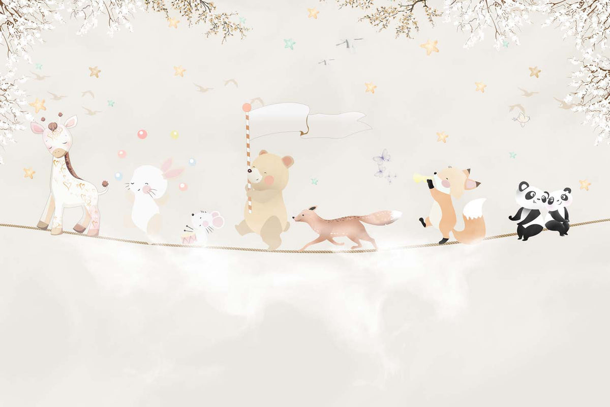 Tapet Personalizat Lumea Animalelor cu animale mergand pe franghie pe cerul bej - WALKING THE ROPE