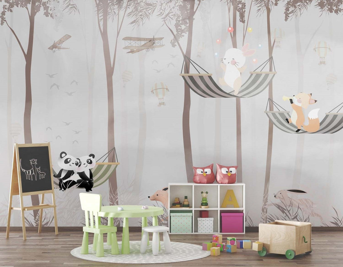 Tapet Personalizat Lumea Animalelor cu padurea cu animale in hamace  - HAMMOCK TRIO