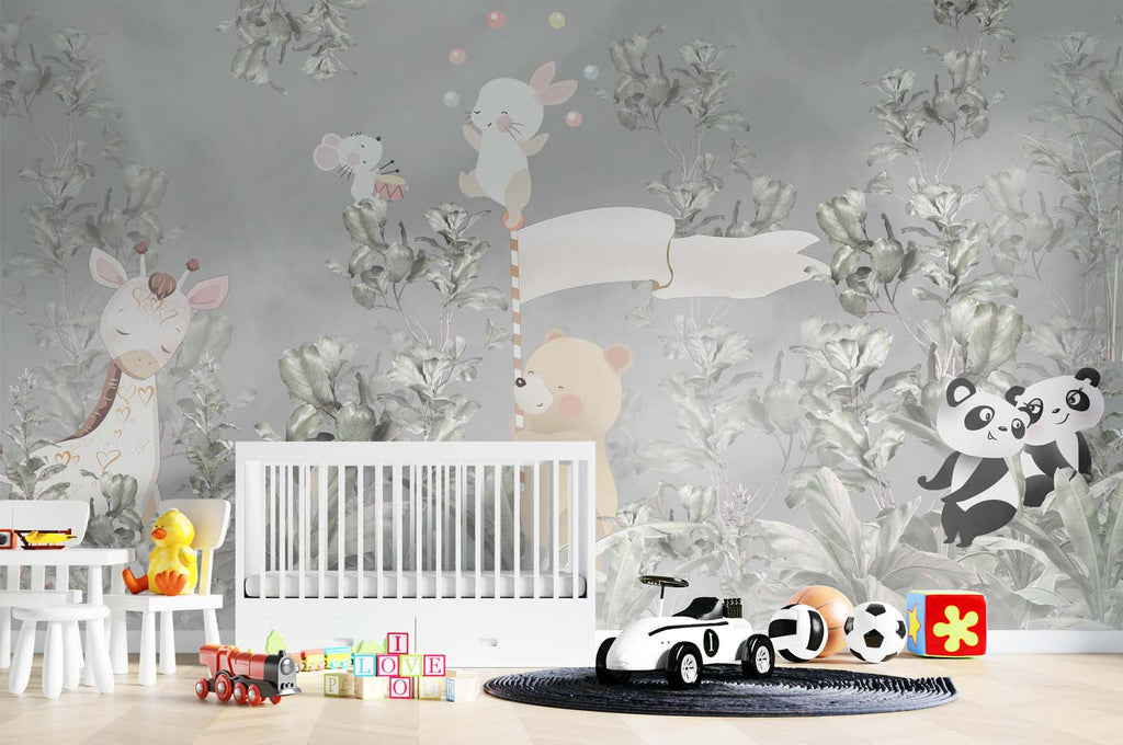 Tapet Personalizat Lumea Animalelor cu animale in vegetatie densa exotica pe un fundal gri  - HERBS AND ANIMALS