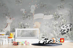 Tapet Personalizat Lumea Animalelor cu animale in vegetatie densa exotica pe un fundal gri  - HERBS AND ANIMALS