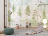 Tapet Personalizat Lumea Animalelor cu animalute si papagali in padurea de brazi - BACKYARD PINES