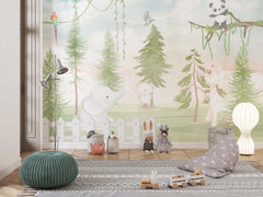 Tapet Personalizat Lumea Animalelor cu animalute si papagali in padurea de brazi - BACKYARD PINES