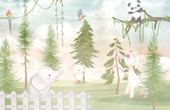 Tapet Personalizat Lumea Animalelor cu animalute si papagali in padurea de brazi - BACKYARD PINES