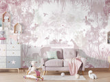 Tapet Personalizat Lumea Animalelor cu siluete de padure si animale in nuante de roz - PINK SILHOUETTE FOREST