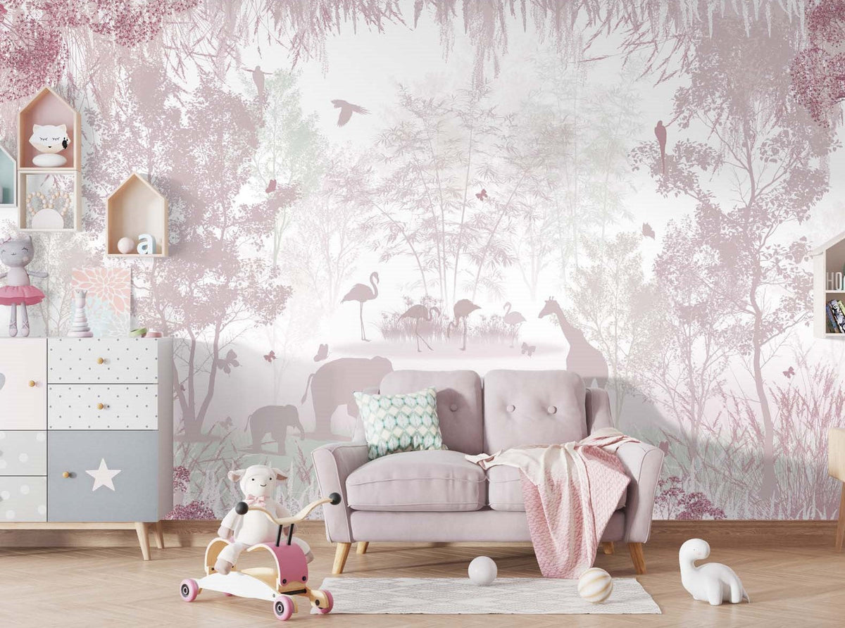 Tapet Personalizat Lumea Animalelor cu siluete de padure si animale in nuante de roz - PINK SILHOUETTE FOREST