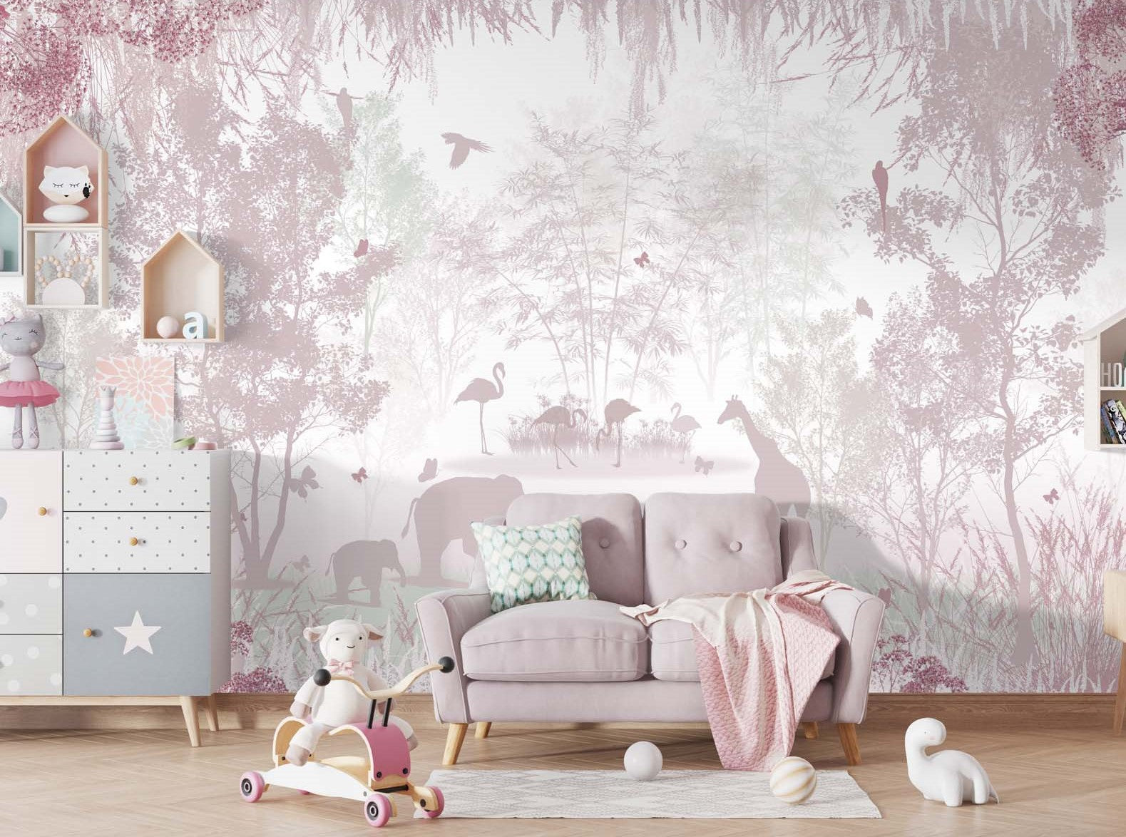 Tapet Personalizat Lumea Animalelor cu siluete de padure si animale in nuante de roz - PINK SILHOUETTE FOREST