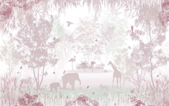 Tapet Personalizat Lumea Animalelor cu siluete de padure si animale in nuante de roz - PINK SILHOUETTE FOREST