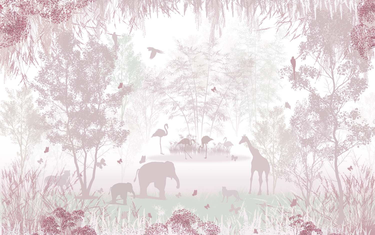 Tapet Personalizat Lumea Animalelor cu siluete de padure si animale in nuante de roz - PINK SILHOUETTE FOREST
