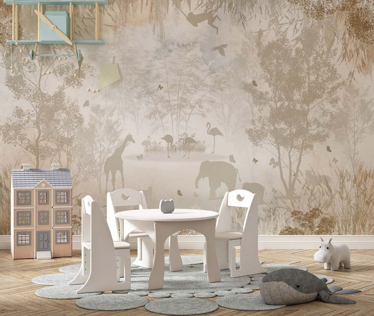 Tapet Personalizat Lumea Animalelor cu siluete de padure si animale in nuante de bej - BEIGE SILHOUETTE FOREST