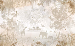 Tapet Personalizat Lumea Animalelor cu siluete de padure si animale in nuante de bej - BEIGE SILHOUETTE FOREST