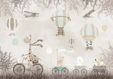 Tapet Personalizat Lumea Animalelor cu trenulet de animalute su baloane cu aer cald prin padurea bej maro  - BEIGE ROADTRIP
