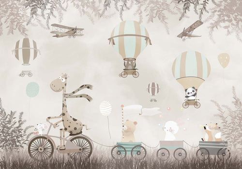 Tapet Personalizat Lumea Animalelor cu trenulet de animalute su baloane cu aer cald prin padurea bej maro  - BEIGE ROADTRIP