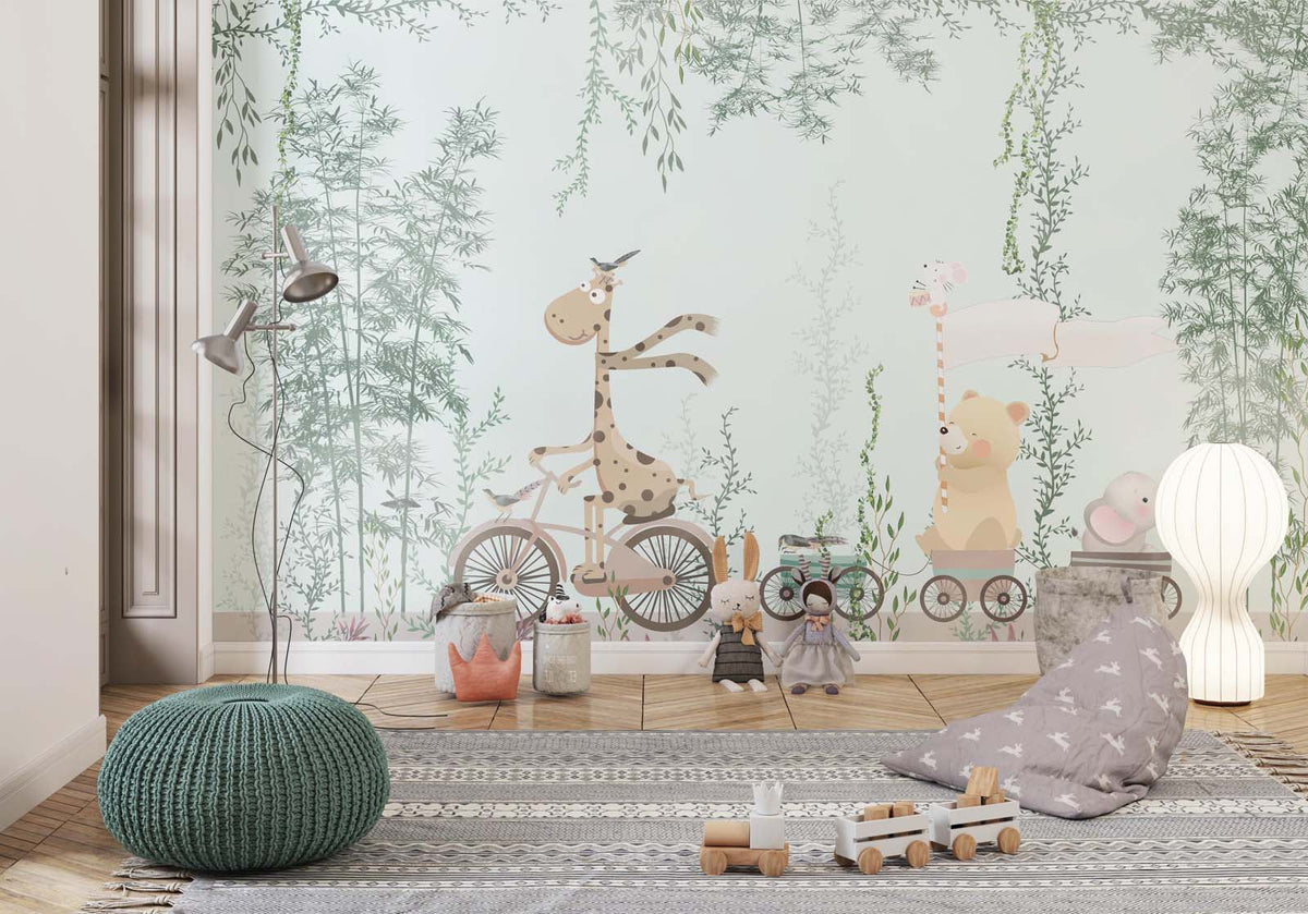 Tapet Personalizat Lumea Animalelor cu animalute in trenulet prin padurea de bambusi  - BAMBOO FOREST ANIMALS