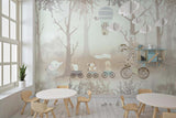 Tapet Personalizat Lumea Animalelor cu animalute in trenulet prin padurea cu copaci bej - FAREWELL BEIGE