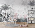 Tapet Personalizat Lumea Animalelor cu animale cantand prin padurea tropicala cu palmieri si cocotieri  - FOGGY PALM TREES