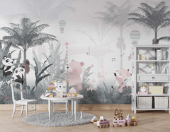 Tapet Personalizat Lumea Animalelor cu animale cantand prin padurea tropicala cu palmieri si cocotieri  - FOGGY PALM TREES