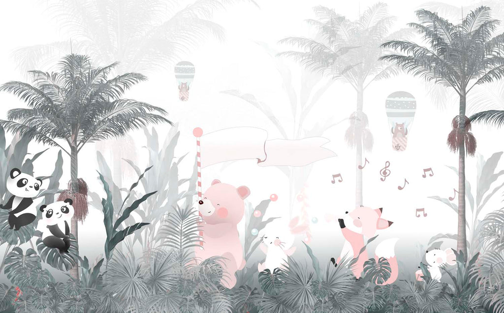 Tapet Personalizat Lumea Animalelor cu animale cantand prin padurea tropicala cu palmieri si cocotieri  - FOGGY PALM TREES