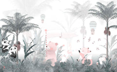 Tapet Personalizat Lumea Animalelor cu animale cantand prin padurea tropicala cu palmieri si cocotieri  - FOGGY PALM TREES