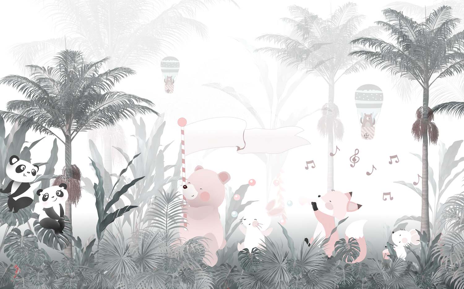 Tapet Personalizat Lumea Animalelor cu animale cantand prin padurea tropicala cu palmieri si cocotieri  - FOGGY PALM TREES
