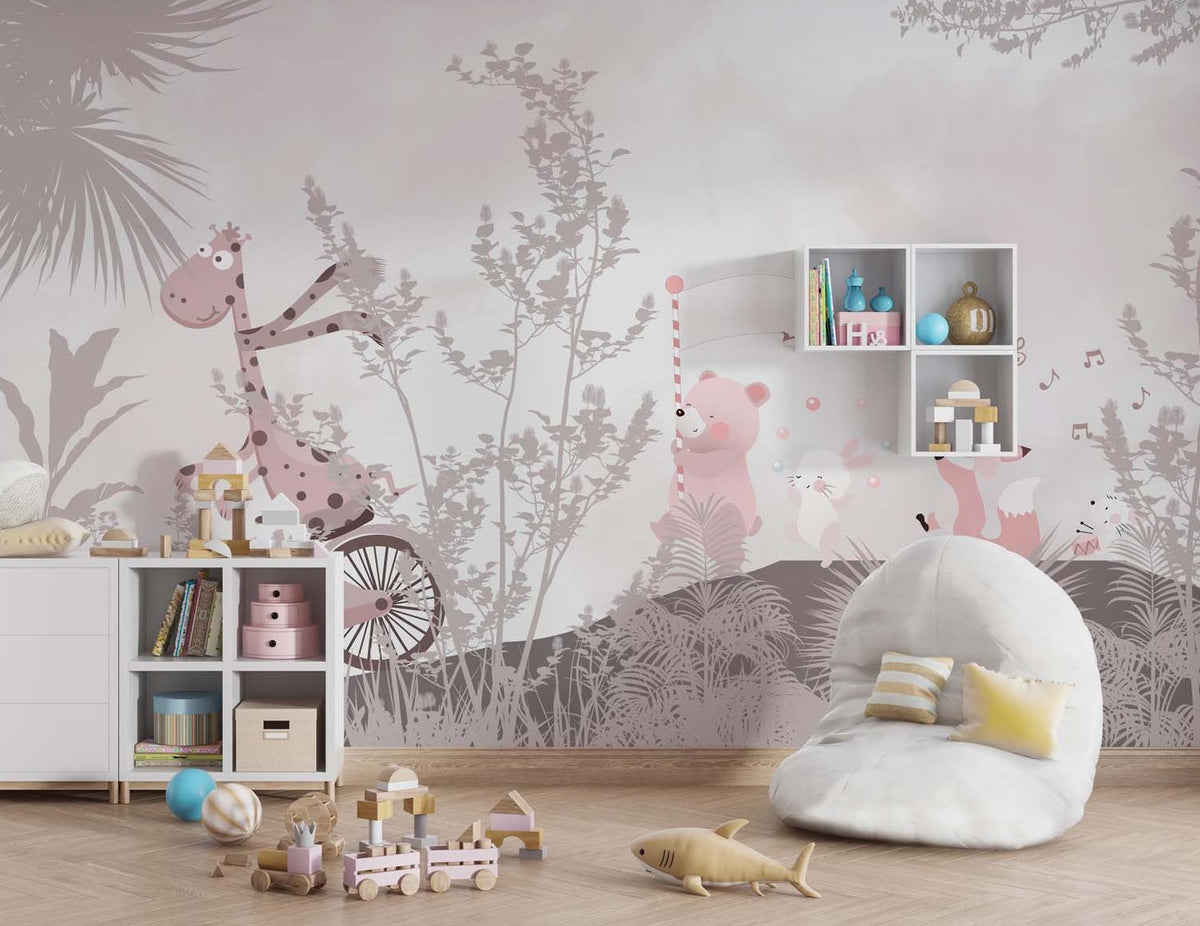 Tapet Personalizat Lumea Animalelor cu animale roz printre copacei bej  - SERENITY SONG