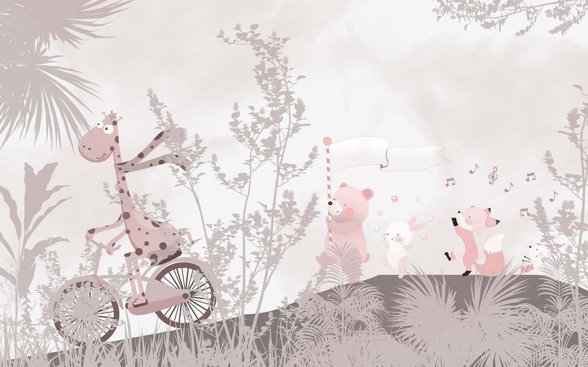 Tapet Personalizat Lumea Animalelor cu animale roz printre copacei bej  - SERENITY SONG