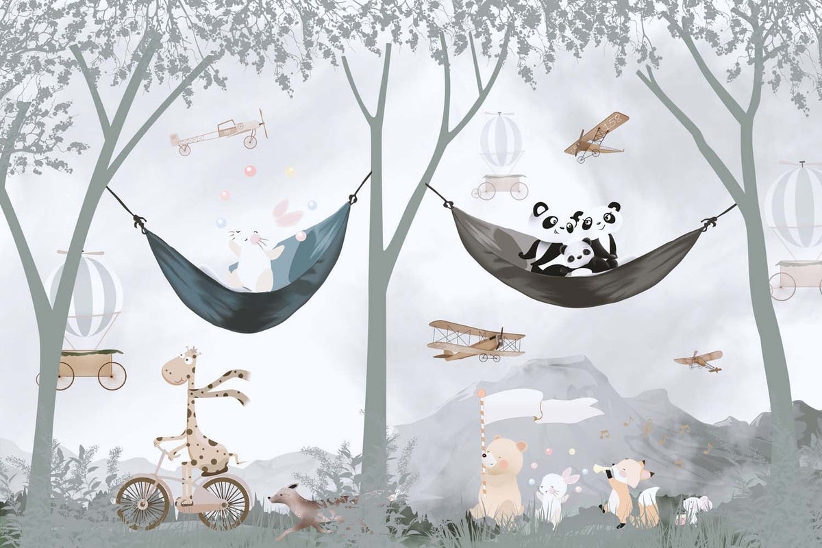 Tapet Personalizat Lumea Animalelor cu animale exotice in hamace intr-un peisaj montan - HAMMOCK PARTY