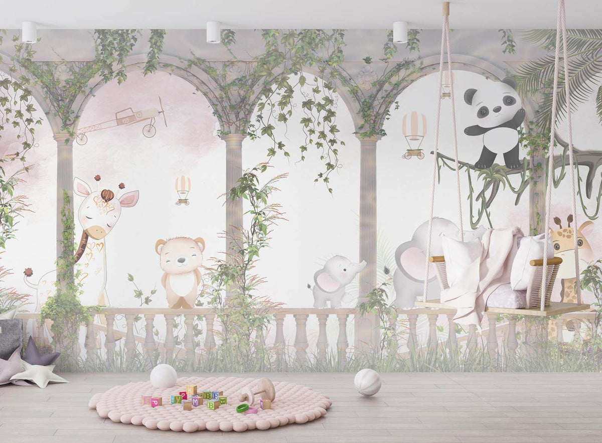 Tapet Personalizat Lumea Animalelor cu animale din jungla si ruine cu arcade si vegetatie - JUNGLE COLUMNS