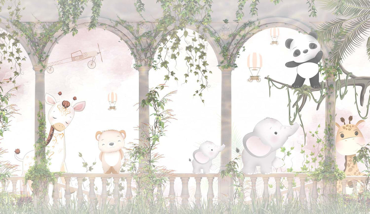 Tapet Personalizat Lumea Animalelor cu animale din jungla si ruine cu arcade si vegetatie - JUNGLE COLUMNS
