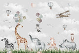 Tapet Personalizat Lumea Animalelor cu animale pictate pe iarba verde si baloane pe cer  - WALKING ANIMALS