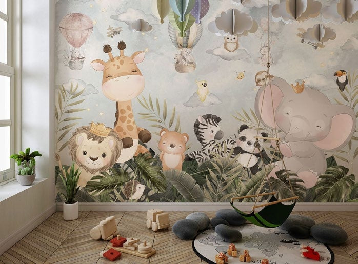 Tapet Personalizat Lumea Animalelor cu pui de animalute prin frunzele dense tropicale  - KINGS OF THE JUNGLE