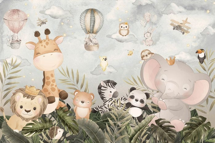 Tapet Personalizat Lumea Animalelor cu pui de animalute prin frunzele dense tropicale  - KINGS OF THE JUNGLE