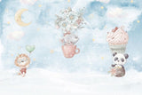 Tapet Personalizat Lumea Animalelor cu leu, elefant si panda zburand in ceasca cu flori si briosa cu inimioare  - CUPCAKE ANIMALS