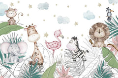 Tapet Personalizat Lumea Animalelor cu ilustratie cu animale dormind pe frunzele de palmier  - SLEEPING ANIMALS