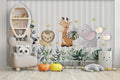 Tapet Personalizat Lumea Animalelor cu animalute si frunze pe un fundal in dungi gri  - STRIPE BABY ANIMALS