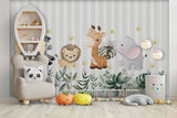 Tapet Personalizat Lumea Animalelor cu animalute si frunze pe un fundal in dungi gri  - STRIPE BABY ANIMALS