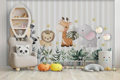 Tapet Personalizat Lumea Animalelor cu animalute si frunze pe un fundal in dungi gri  - STRIPE BABY ANIMALS