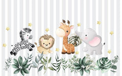 Tapet Personalizat Lumea Animalelor cu animalute si frunze pe un fundal in dungi gri  - STRIPE BABY ANIMALS