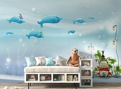Tapet Personalizat Lumea Animalelor cu balene inotand deasupra casei acvatice  - UNDERWATER HOUSE