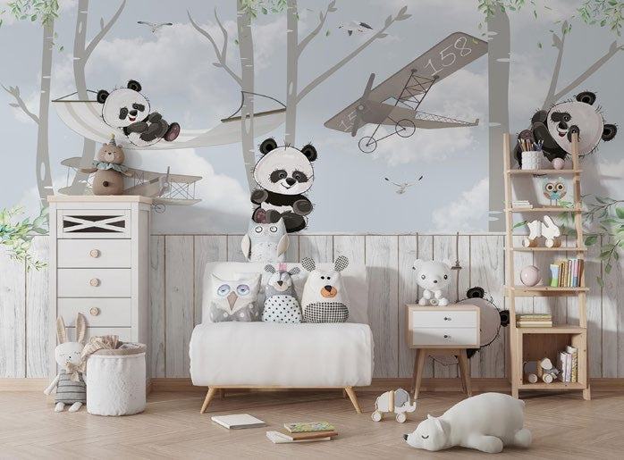 Tapet Personalizat Lumea Animalelor cu ursi panda urcand pe gardul alb si in copaci - OVER THE FENCE