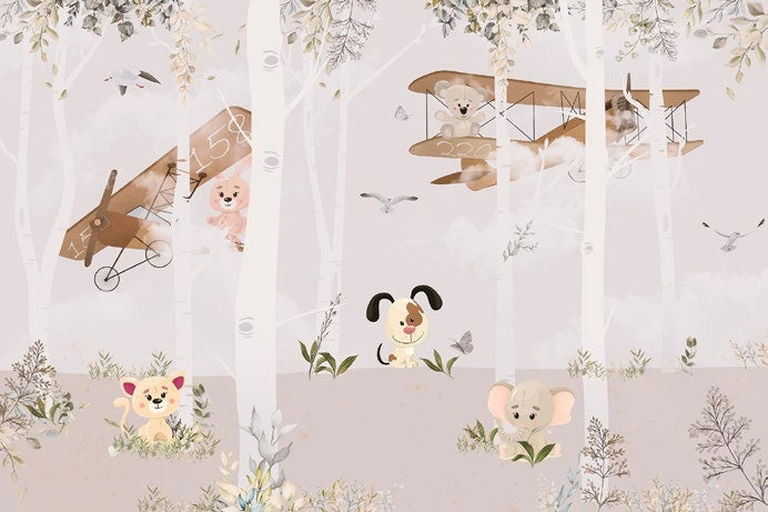 Tapet Personalizat Lumea Animalelor cu animale de companie intr-un fundal bej cu copaci albi  - PETS FOREST