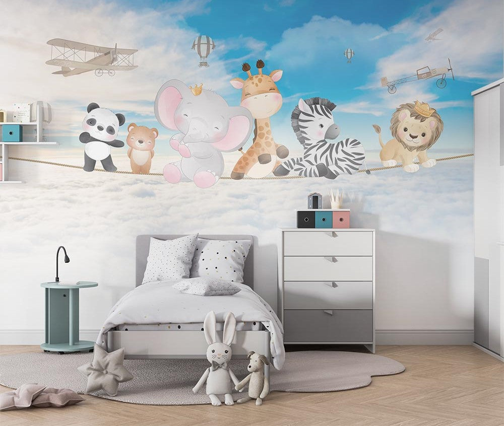 Tapet Personalizat Lumea Animalelor cu animalute pe franghie deasupra norilor si a cerului senin - HAPPY OVER CLOUDS