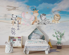 Tapet Personalizat Lumea Animalelor cu animalute pe franghie deasupra norilor si a cerului senin - HAPPY OVER CLOUDS