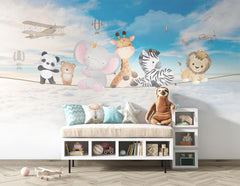 Tapet Personalizat Lumea Animalelor cu animalute pe franghie deasupra norilor si a cerului senin - HAPPY OVER CLOUDS