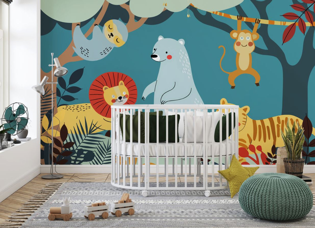 Tapet Personalizat Lumea Animalelor cu animale ilustrate in jungla in stil boho  - BOHO AMAZON