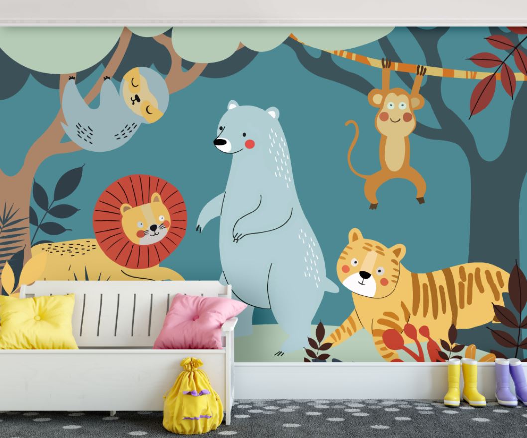 Tapet Personalizat Lumea Animalelor cu animale ilustrate in jungla in stil boho  - BOHO AMAZON