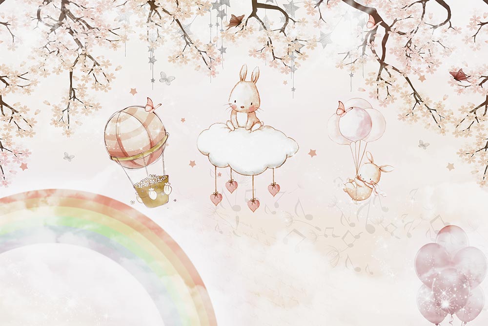 Tapet Personalizat Lumea Animalelor cu animalute mici, curcubeu si copaci infloriti  - BABY RAINBOW