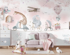 Tapet Personalizat Lumea Animalelor cu animale pe bicicleta mergand pe franghie cu cosulet de flori  - PINK FLOWER DELIVERY